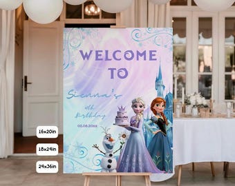 Letrero de bienvenida de Frozen, decoración para fiesta de cumpleaños, letrero de entrada de Elsa, Anna y Olaf, plantilla personalizada de Canva