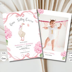 Bearbeitbar eine Alberngans 1. Geburtstagseinladung Mädchen Dumme Gans Geburtstag einladen 1st Birthday Girl Invite Printable Floral Goose Pink Card