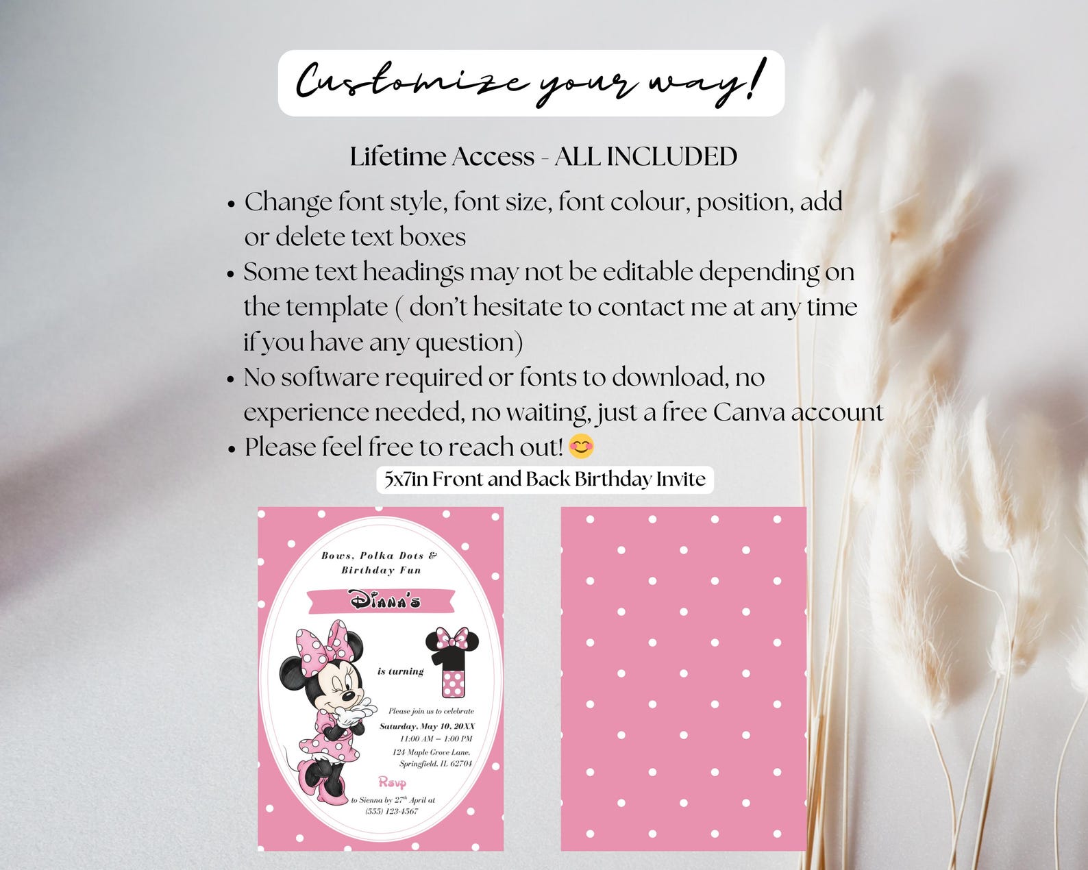 Pink Minnie Mouse Birthday Invitation, Watercolor Girls Birthday Invite ...