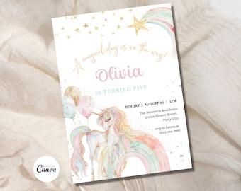 Invitación de cumpleaños de unicornio editable Mágico pastel arco iris unicornio fiesta de cumpleaños chica rosa oro unicornio fiesta invitar descarga instantánea