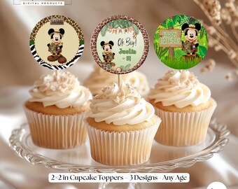 Mickey Safari Cupcake Toppers Any Age Birthday Party Decor Custom Canva Template Digitally Download