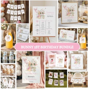 Op de afbeelding: Een verzameling feestversieringen en benodigdheden voor een konijn-thema eerste verjaardag. Inclusief banners, ingelijste borden, cupcake toppers, waterfles labels en een banner voor een kinderstoel. De kleurstelling is roze en wit.
