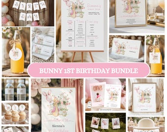 Paquete de primer cumpleaños de Peter Rabbit: Plantillas digitales editables de Canva para fiesta floral rosa de niña