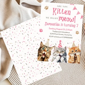 Bewerkbare kattenuitnodiging, schattige katten verjaardagsuitnodiging, Kitty Cat verjaardagsfeestje, Let's Pawty, Are You Kitten Me Right Meow, digitale sjabloon afbeelding 4