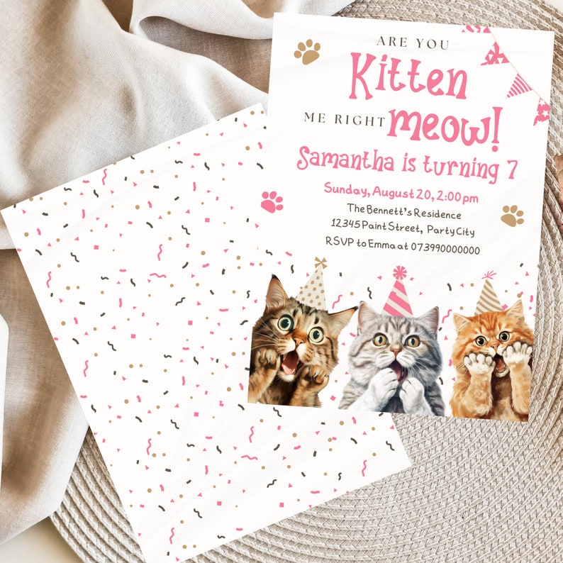 Bewerkbare kattenuitnodiging, schattige katten verjaardagsuitnodiging, Kitty Cat verjaardagsfeestje, Let's Pawty, Are You Kitten Me Right Meow, digitale sjabloon afbeelding 4