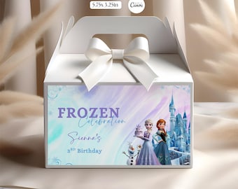 Etiquetas para cajas de fiesta de Frozen con Elsa, Anna y Olaf. Decoraciones de cumpleaños. Plantilla personalizada de Canva para descarga digital.