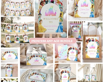 Princess Birthday Bundle Any Age Girl Royal Party Decor Set Custom Canva Template Digital