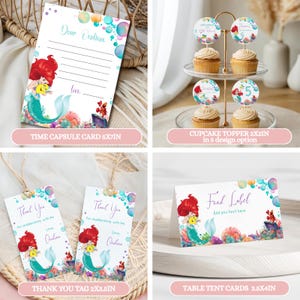 May include: A collection of mermaid-themed party supplies. Includes a time capsule card, cupcake toppers, thank you tags, and table tent cards. The designs feature a mermaid illustration with colorful coral and bubbles. The time capsule card is 5x7 inches.