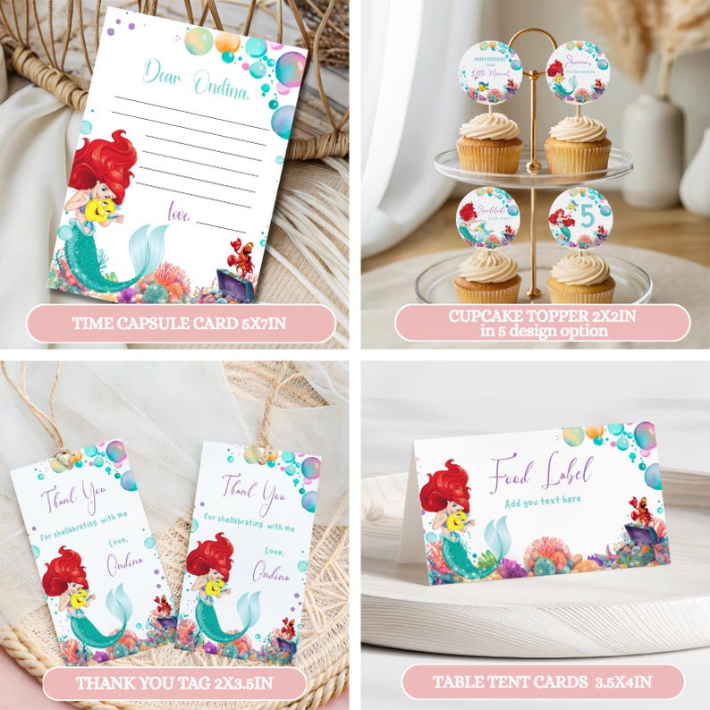 May include: A collection of mermaid-themed party supplies. Includes a time capsule card, cupcake toppers, thank you tags, and table tent cards. The designs feature a mermaid illustration with colorful coral and bubbles. The time capsule card is 5x7 inches.
