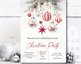 May include: A festive Christmas party invitation featuring red, white, and silver baubles and a sprig of pine. The invitation includes the text "Christmas Party", date, time, and RSVP details. The design has a holiday theme.