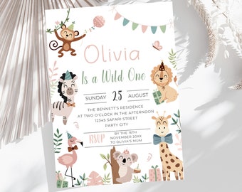 Editable Safari Birthday Invitation, Wild One Girl Invite, Jungle Animals 1st Birthday Invite, Safari Digital Template, Instant Download