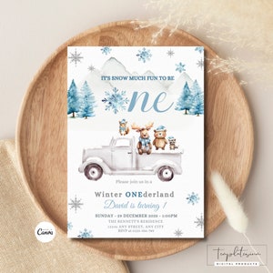 Invito per il primo compleanno di Winter ONEderland Boy / Modello digitale da scaricare immediatamente / Invito per il primo compleanno invernale Foresta boschiva / Tema camion
