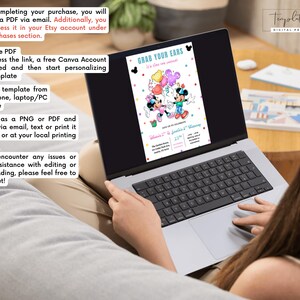 May include: A laptop screen shows a vibrant invitation template featuring Mickey and Minnie Mouse. The invitation says "Grab Your Ears, It's time to celebrate!" and includes event details. Instructions for accessing and editing the template are also visible.