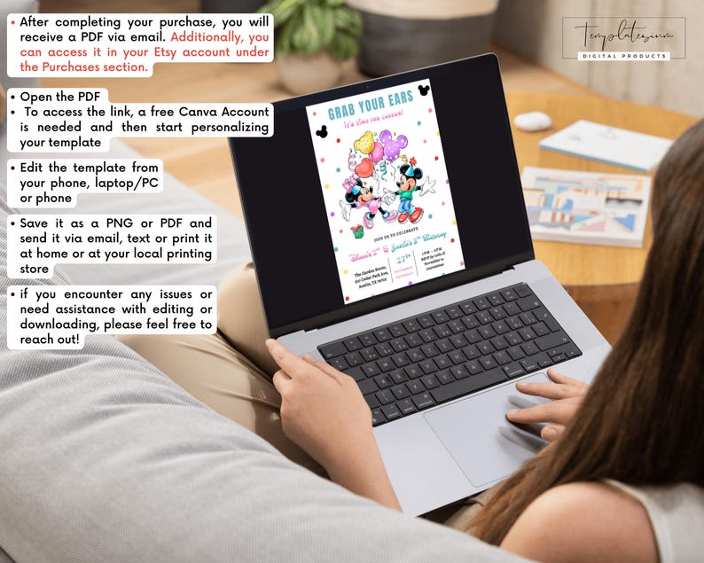 May include: A laptop screen shows a vibrant invitation template featuring Mickey and Minnie Mouse. The invitation says "Grab Your Ears, It's time to celebrate!" and includes event details. Instructions for accessing and editing the template are also visible.
