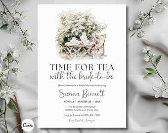 May include: A watercolor illustration of a tea party in a garden setting. The invitation reads "Time for Tea with the bride-to-be" and includes the bride's name, Sienna Bennett, the date and time of the event, and the location.