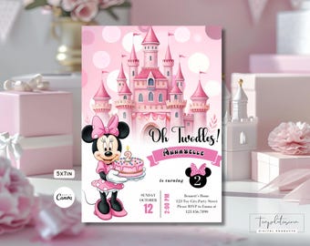 Pink Minnie Mouse Birthday Invitation, Watercolor Girls Birthday Invite, Printable Invitation, Editable 2nd Birthday Minnie Invite, Canva