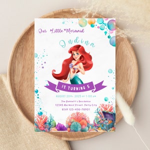 Faire-part d'anniversaire modifiable petite sirène, modèle d'invitation d'anniversaire Ariel, carte la petite sirène, Invitation numérique princesse Ariel