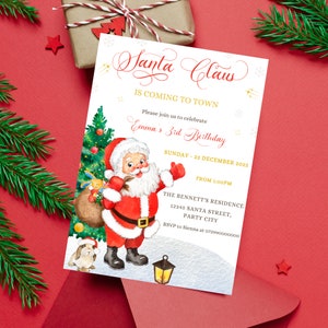 Editable Santa Claus is Coming to Town Party Invitation, Christmas Birthday Party Invitation, Santa Party Template, Santa Digital Invite