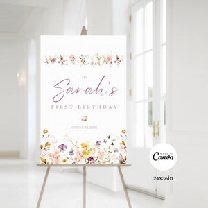 Bearbeitbares erstes Geburtstags-Willkommensschild Blumen Poster zum 1