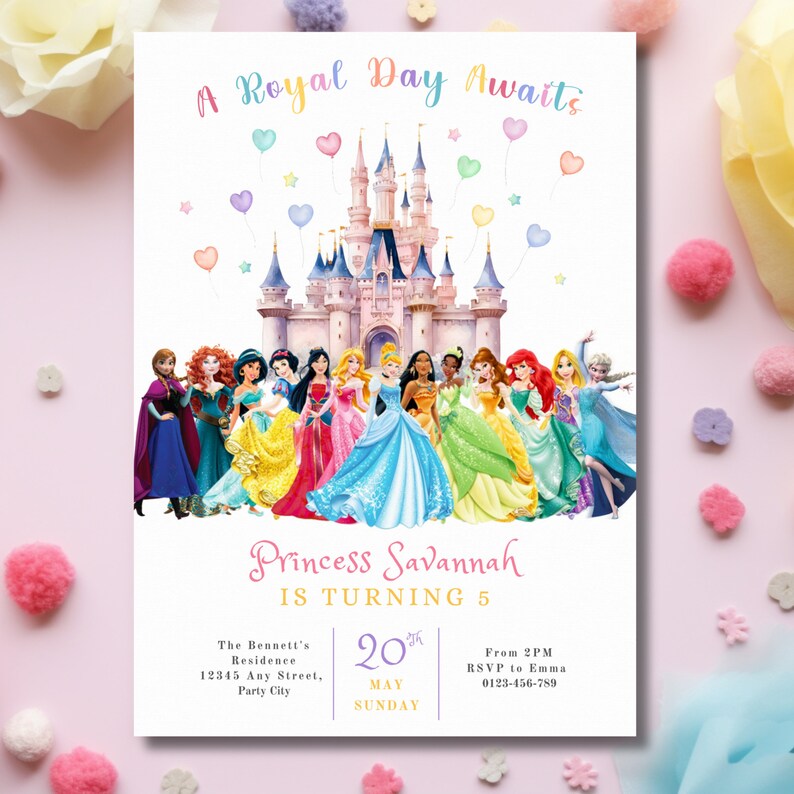 May include: A birthday invitation with a fairytale theme. It features a castle illustration and various princesses. The text reads "A Royal Day Awaits" and "Princess Savannah is turning 5". Includes date, time, and RSVP details.