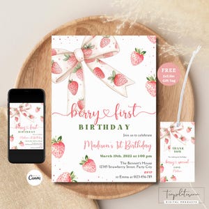 Bearbeitbare Beere zum ersten Geburtstagseinladung, Beere zum 1. Geburtstag einladen benutzerdefinierter Geschenkanhänger, Erdbeermädchen zum 1. Geburtstag Vorlage Sofort-Download