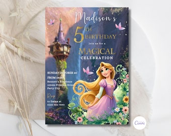 Puede incluir: Una invitación de color morado y dorado para una fiesta de cumpleaños número 5 con el tema de Rapunzel. La invitación presenta una imagen de dibujos animados de Rapunzel con cabello largo y rubio, un vestido morado y una rana verde. El texto de la invitación dice: "Madison's 5th Birthday Join us for a Magical Celebration Sunday October 20 From 14:00 Bennett's Residence 123456 Princess Street, Party City Rsvp to Emma at 0123-456-7890"