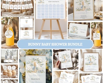 Paquete de baby shower de Peter Rabbit, decoraciones para fiesta en el jardín azul, conjunto completo de plantillas digitales Canva