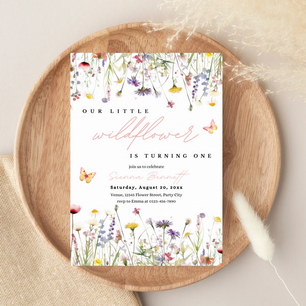 Editable Floral 1st Birthday Invite, Wildflower Birthday Party Invitation Template, Garden Party Birthday, Girls Birthday Flower Invitation