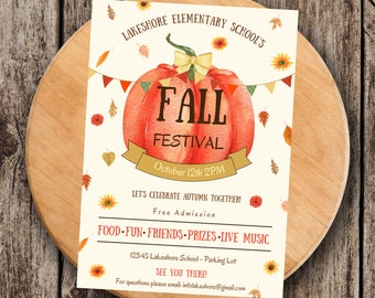 May include: A fall festival flyer with a watercolor pumpkin illustration. The flyer includes the text "FALL FESTIVAL" and event details. The flyer is decorated with autumn leaves and flowers, and is displayed on a wooden surface.