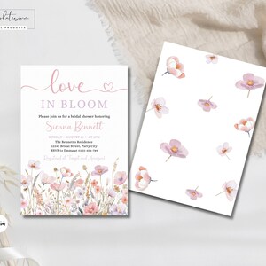 May include: A pink and white bridal shower invitation with the text "love in bloom" and a floral design. The invitation includes the bride's name, Sienna Bennett, the date and time of the shower, and the location.