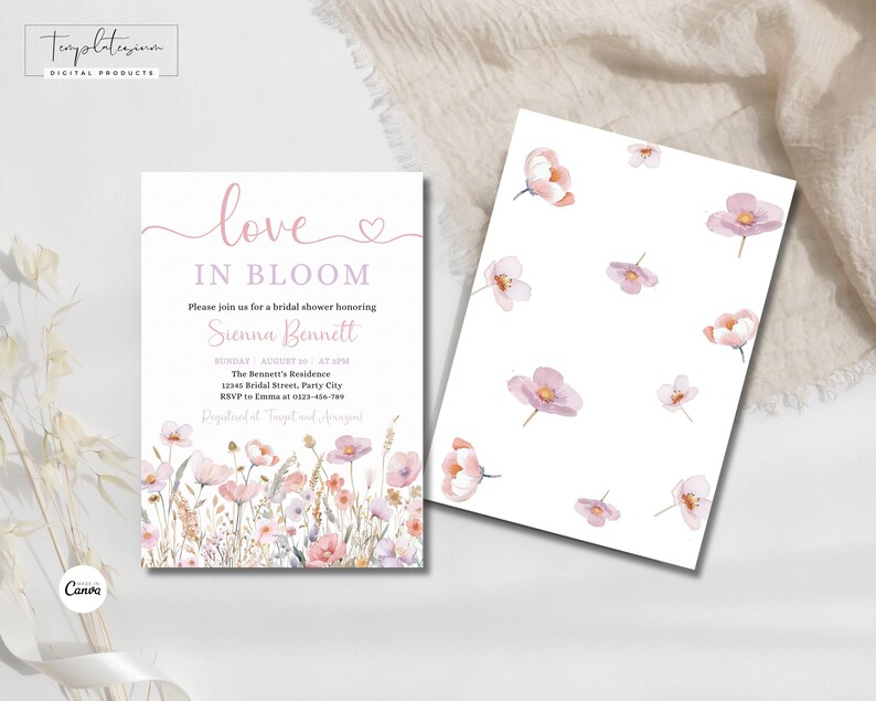 May include: A pink and white bridal shower invitation with the text "love in bloom" and a floral design. The invitation includes the bride's name, Sienna Bennett, the date and time of the shower, and the location.
