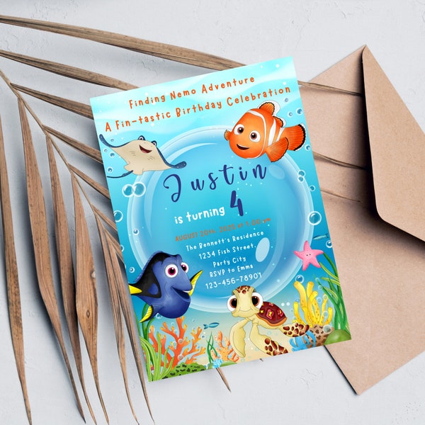 Editable Finding Nemo Birthday Invitation Template, Finding Dory Birthday Printable Invitation, Under the Sea Kids Invite, Instant Download