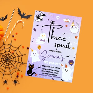 Editable Three Spirit Halloween Ghost 3rd Birthday Party Invitation - Purple Spooktacular 3rd Birthday Invitation - Instant Download 5x7in