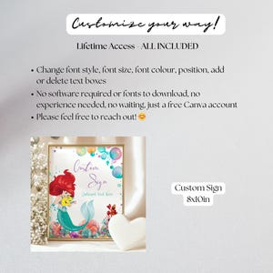 May include: A framed custom sign featuring a mermaid illustration with red hair and a teal tail. The sign is 8x10 inches and includes the text "Custom Sign" and "Customize your way!" in elegant script. Bubbles and coral complete the design.