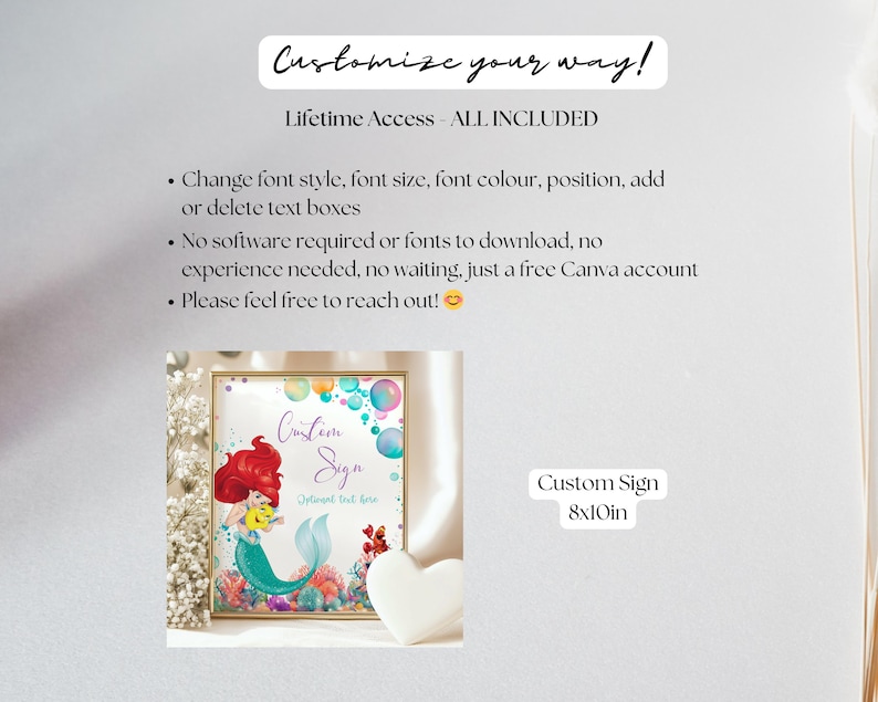 May include: A framed custom sign featuring a mermaid illustration with red hair and a teal tail. The sign is 8x10 inches and includes the text "Custom Sign" and "Customize your way!" in elegant script. Bubbles and coral complete the design.