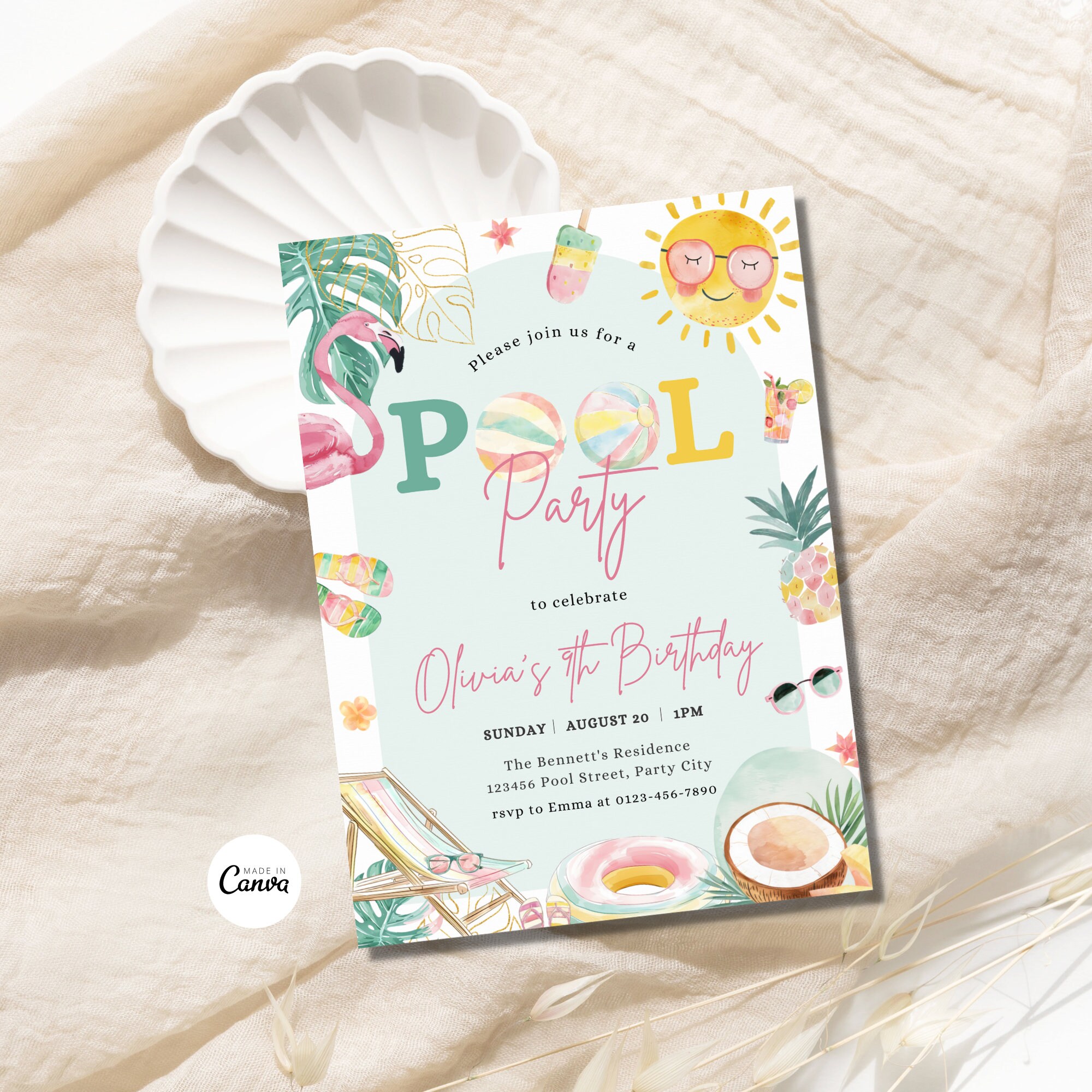 Tropical Pool Party Girl Birthday Invitation Editable Modern Simple ...