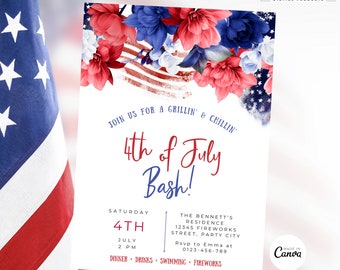 4th of July Invitation Independence Day Party Invite Red White Blue Fireworks Party Card Fourth of July Backyard BBQ Editable Template Card