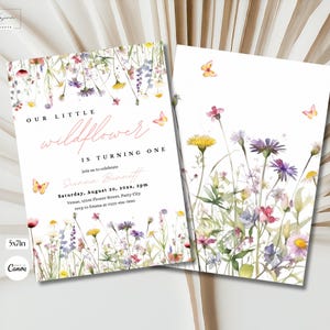 Convite floral editável para 1º aniversário, modelo de convite para festa de aniversário com flores silvestres, festa no jardim, cartão de aniversário para meninas, flores silvestres 02