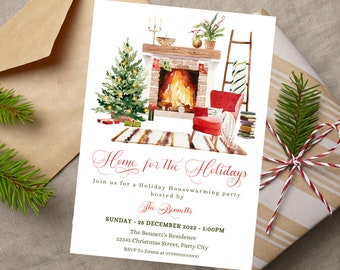 May include: Watercolor holiday housewarming party invitation with a cozy fireplace scene, Christmas tree, and red armchair. The invitation reads "Home for the Holidays" and includes event details. A wrapped gift and envelope are also in the image.