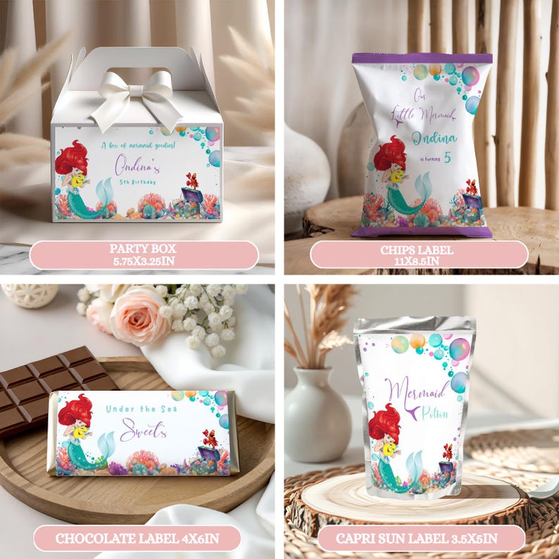 May include: A collection of party favors featuring a mermaid theme. Includes a white party box with a bow, a chips bag, a chocolate bar, and a Capri Sun label. Each item has a mermaid illustration and the text "Ondina's 5th Birthday" or "Under the Sea Sweets".