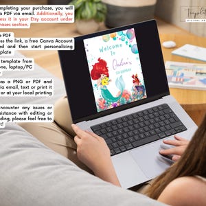May include: A laptop displays a digital invitation with a mermaid theme, featuring the text "Welcome to Ondina's 5th Birthday." Instructions for accessing and editing the template are visible on the screen. The image also includes the text "Templatefusion DIGITAL PRODUCTS."