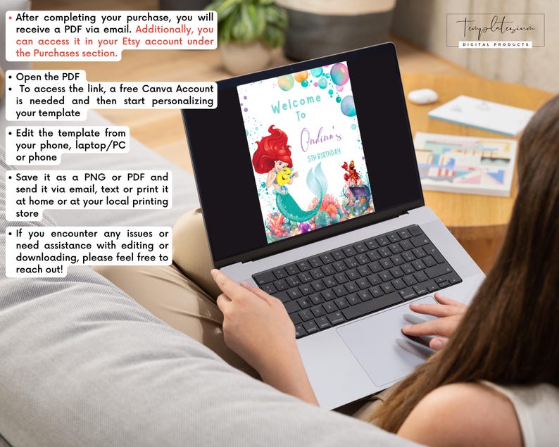 May include: A laptop displays a digital invitation with a mermaid theme, featuring the text "Welcome to Ondina's 5th Birthday." Instructions for accessing and editing the template are visible on the screen. The image also includes the text "Templatefusion DIGITAL PRODUCTS."