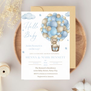 Bewerkbare teddybeer hete lucht ballon beer thema baby shower sjabloon uitnodigen jongen blauw Hallo baby teddybeer uitnodiging direct downloaden