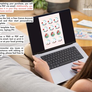 May include: A laptop displaying a digital product template with a pink background and colorful graphics. The screen shows instructions for accessing and editing the template. Text on the screen includes "After completing your purchase..." and "Open the PDF".