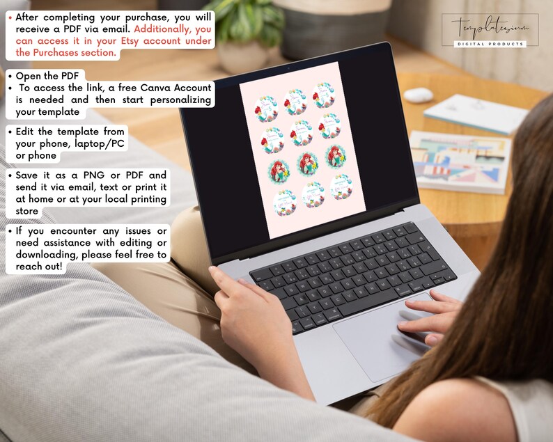 May include: A laptop displaying a digital product template with a pink background and colorful graphics. The screen shows instructions for accessing and editing the template. Text on the screen includes "After completing your purchase..." and "Open the PDF".