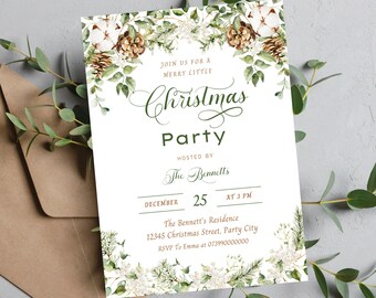 May include: A Christmas Party invitation with a festive design. The invitation features the text "Christmas Party" in elegant script, surrounded by watercolor illustrations of pinecones, cotton, and greenery. The details include the date, time, and location.