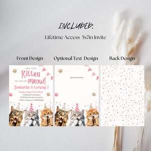 Op de afbeelding: Printbare uitnodiging van 5x7 inch voor een verjaardagsfeest. De voorkant heeft een roze en gouden ontwerp met de tekst "Are you kitten me right meow! Samantha is turning 7". De achterkant heeft een confettipatroon met roze, gouden en zwarte confetti.