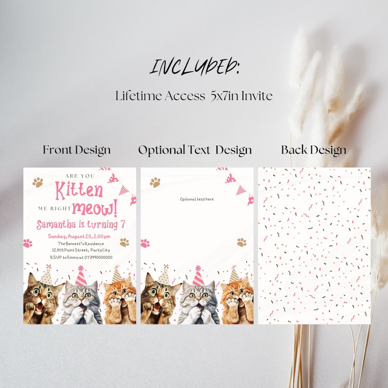 Op de afbeelding: Printbare uitnodiging van 5x7 inch voor een verjaardagsfeest. De voorkant heeft een roze en gouden ontwerp met de tekst "Are you kitten me right meow! Samantha is turning 7". De achterkant heeft een confettipatroon met roze, gouden en zwarte confetti.