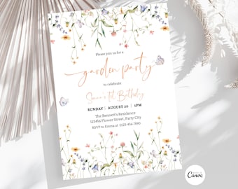 Editable Floral 1st Birthday Invite, Wildflower Birthday Party Invitation Template, Garden Party Birthday, Girls Birthday Flower Invitation