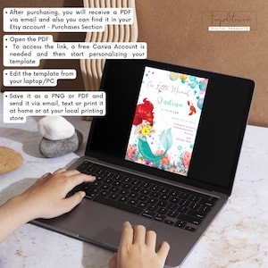 May include: A digital printable invitation for a little mermaid themed birthday party. The invitation features a watercolour illustration of Ariel from The Little Mermaid, with a purple and blue background. The text on the invitation reads "Our Little Mermaid Ondina is turning..." and includes the date, time, and location of the party.